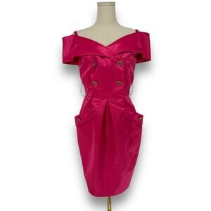 1980s VTG Lillie Rubin Hot Pink Off the Shoulder Tuxedo Mini Dress Rhinestone 10